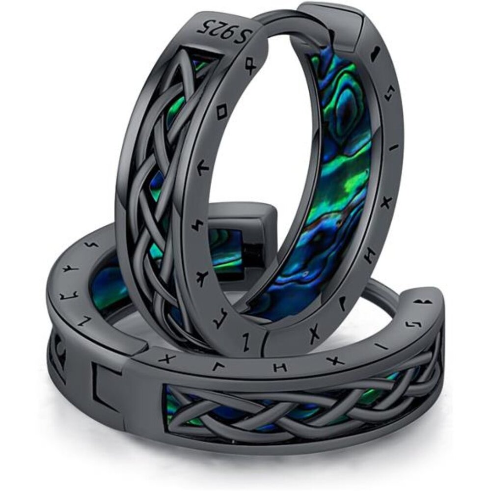 Black Celtic Rune Huggie Earrings | 925 Sterling Silver | Blue Green | 16mm